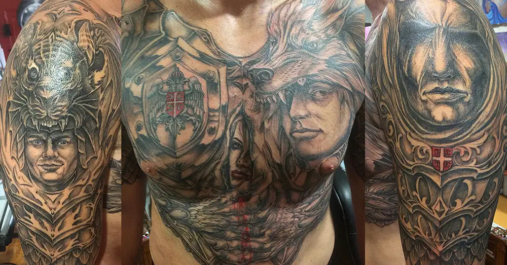 serbian armor family chest tattoo