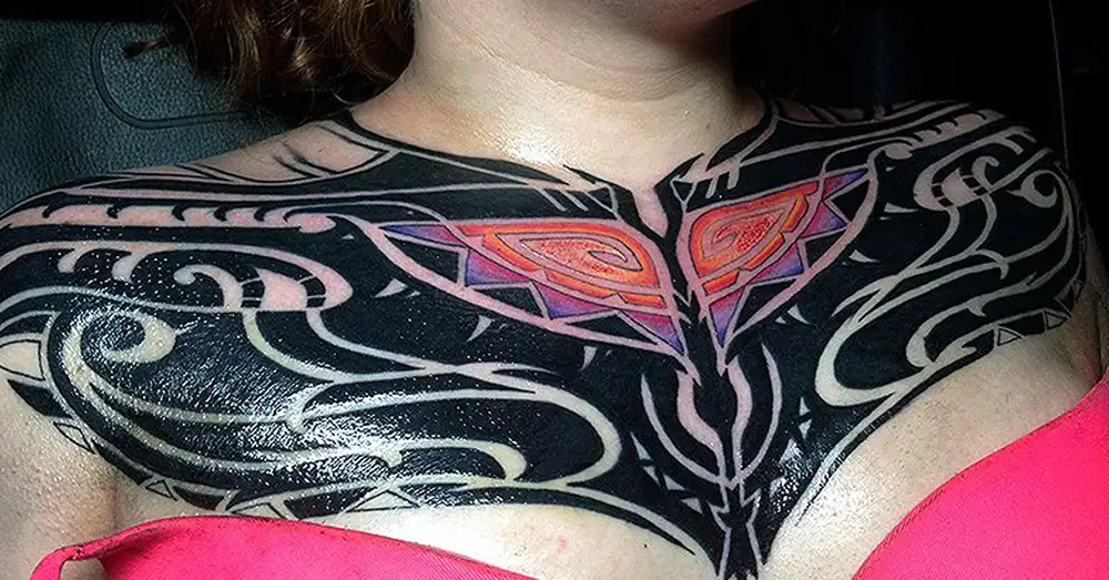 feminine chest tribal tattoo color