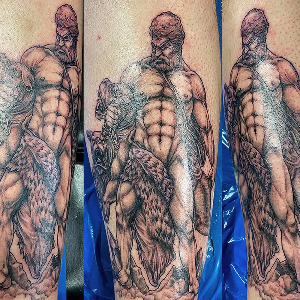 Hercules and Cerberus calf tattoo