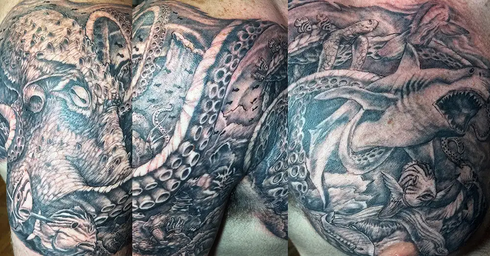 shoulder to chest ocean life tattoo