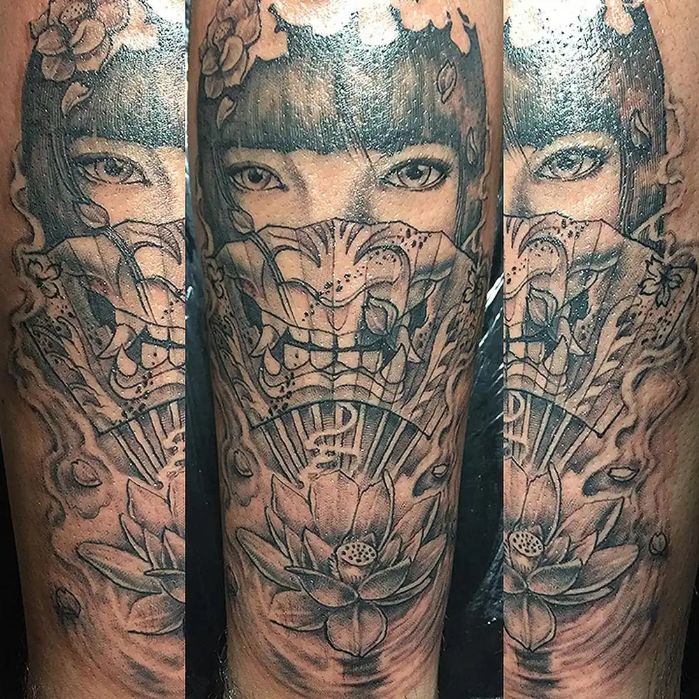 demon geisha forearm custom tattoo