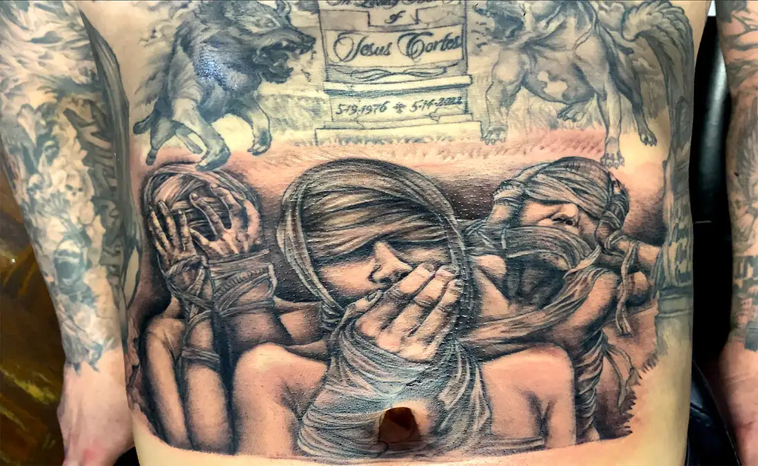 3 bandaged tortered people cover their mouth, ears and eyes stomach tattoo black and grey by Power Dude of Dudes Tattoos, Bronx NY