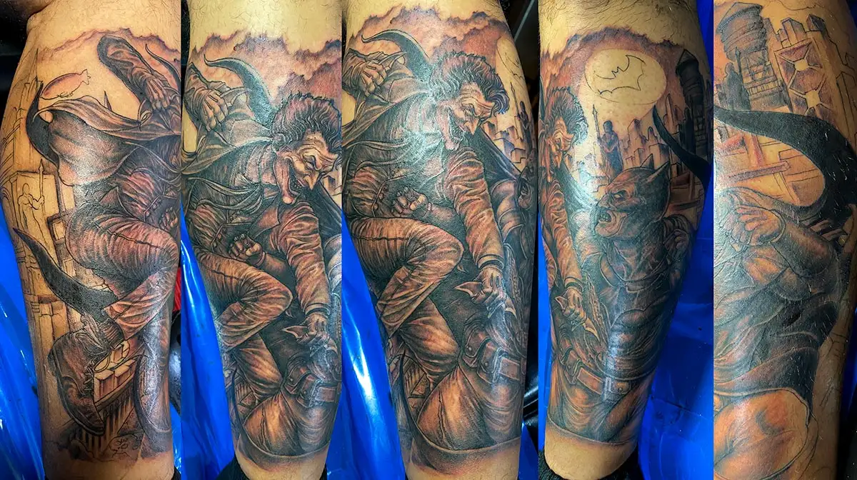 Joker and Batman Fighting Calf Tattoo Sleeve Black and Grey by Power Dude of Dudes Tattoos