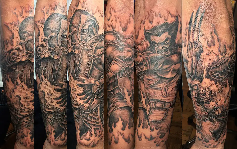 Scorpion vs WOlverine Forearm Tattoo Sleeve Black and Grey by Power Dude of Dudes Tattoos